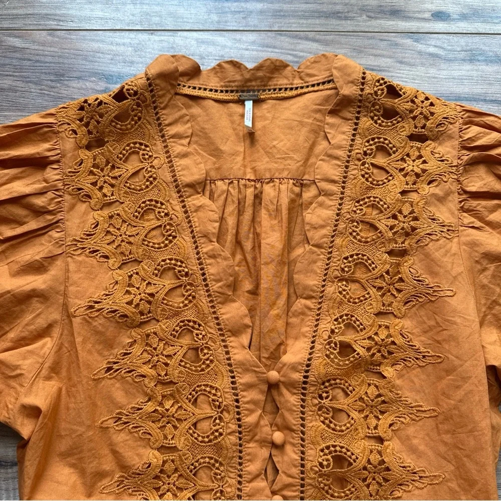 Free People Louella Blouse Tawny orange Lace Embroidered Top Size XS boho Crop
